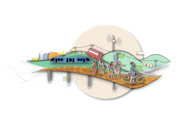 Illustration of connected communities showing public and active transport