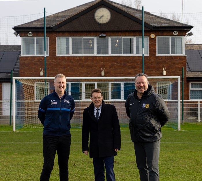 Andy Street, Mayor of the West Midlands and chair of the WMCA, with Richard Lindsay, sustainability and business insights manager, and Kevin Shoemake, chief executive, at Birmingham County FA which has been given £25,000 for its Save Today, Play Tomorrow Carbon Literacy for Grassroots Football project.