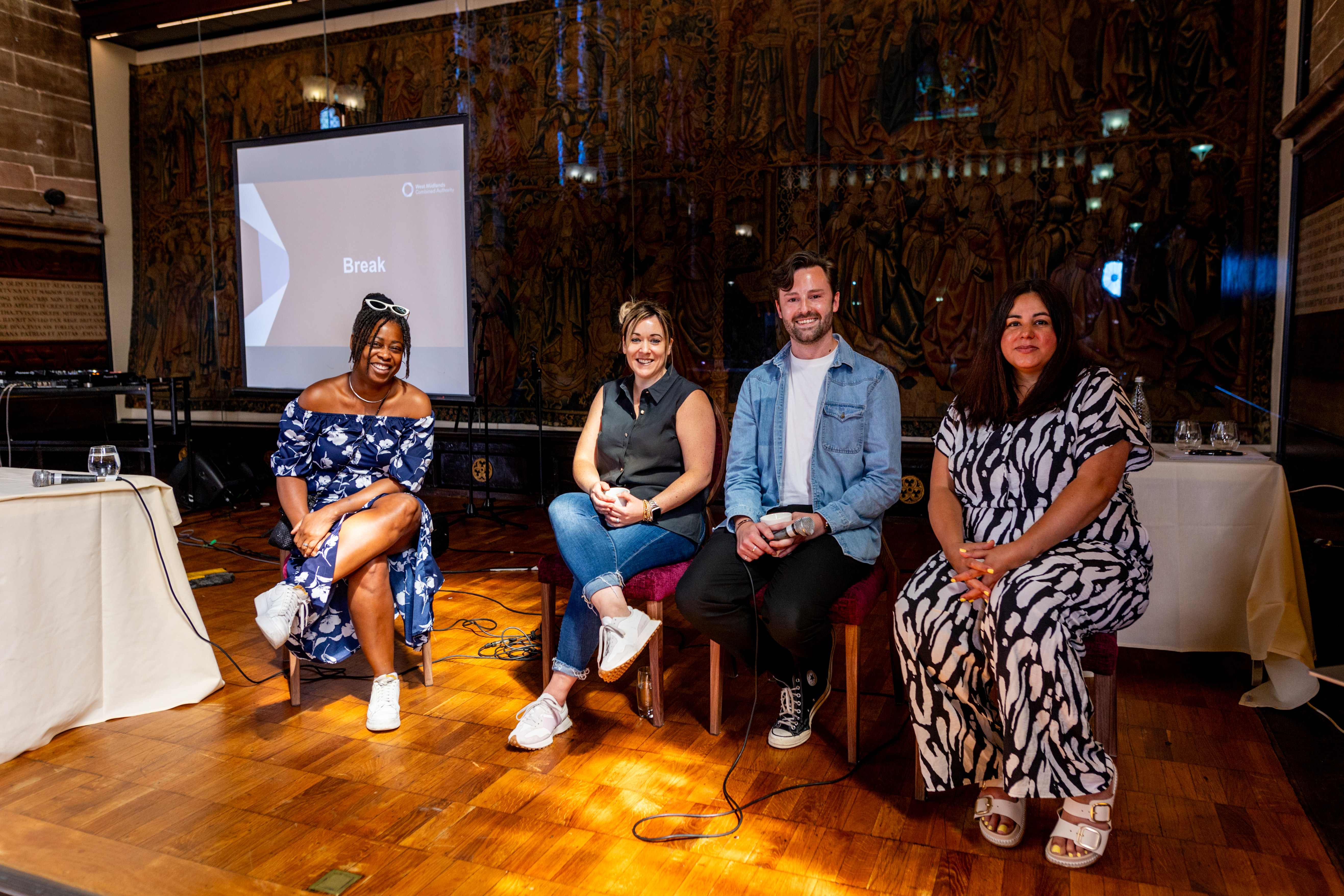 The launch of WMCA's Activate programme at St Mary's Guild Hall in Coventry included a panel discussion featuring Nyasha Daley and Amy Dalton-Hardy, who are members of the West Midlands Cultural Leadership Board, and fellow freelancers Jamie Wright and Navkiran Mann.