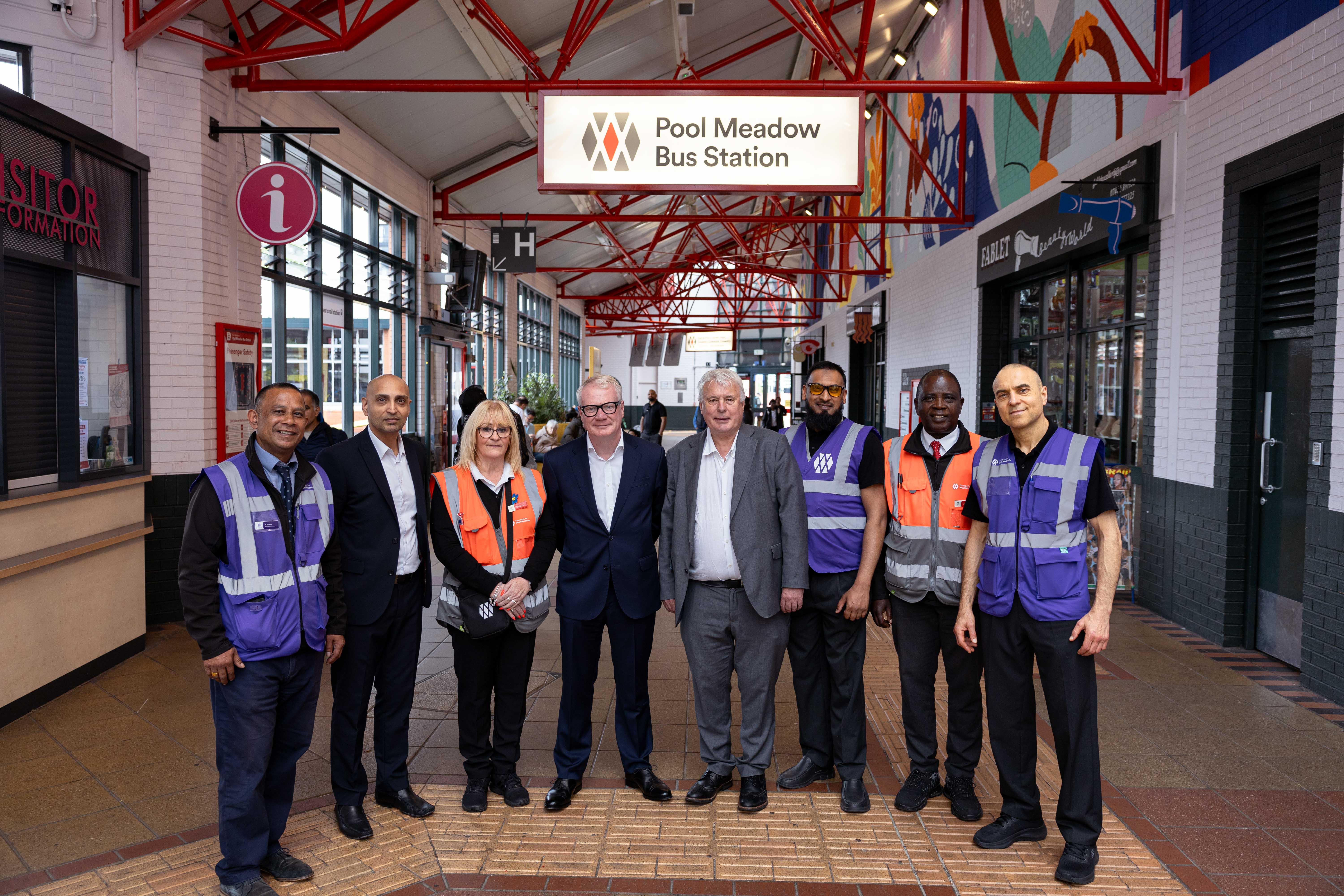 (Left to right) Kulwant Bansal (Bus Station Manager), Zee Kayani (Regional Manager), Sue Hall (Bus Station Supervisor), Richard Parker (Mayor of the West Midlands), Cllr Duggins (Leader Coventry City Council), Ibrar Hussain (Customer Experience Specialist), Dennis Appiah Darkwa (Bus Station Supervisor), Georgiy Nedbaylyuk (Customer Experience Specialist)