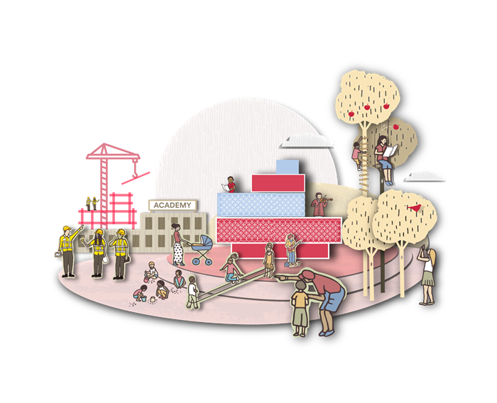 Illustration of education and learning showing an academy, library, and apprentices