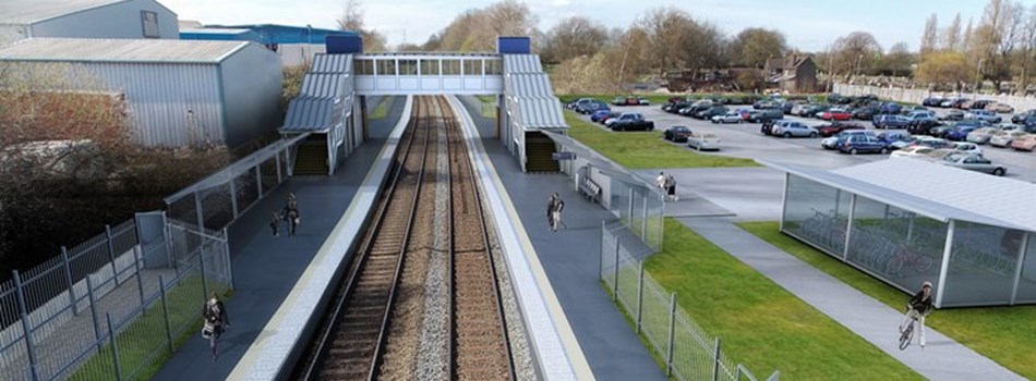 CGI Image of train station with two platforms, an overpass and car park.