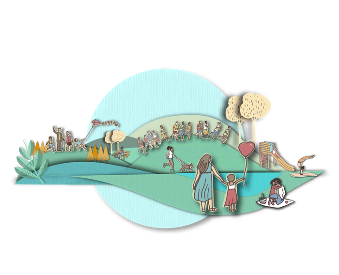 Illustration of health and wellbeing showing people sustaining their wellbeing