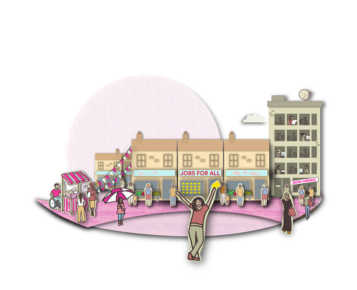 Illustration of inclusive economy showing a street scene