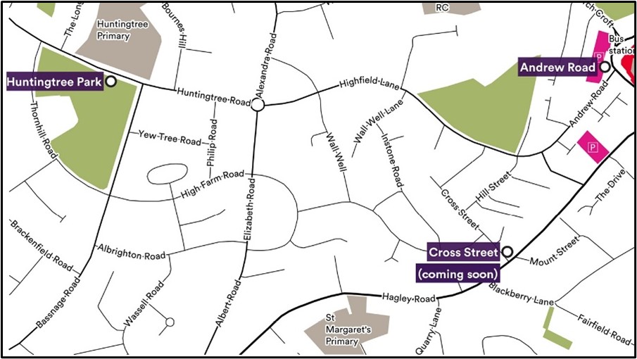 The three Local Travel Points locations in Halesowen