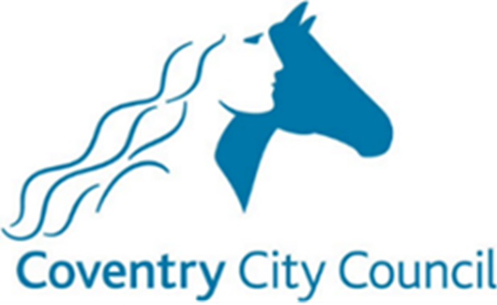 Coventry City Council logo - Blue outline profile of a person with long wavy hair in front of a solid blue profile of a horse above the text reading Coventry City Council