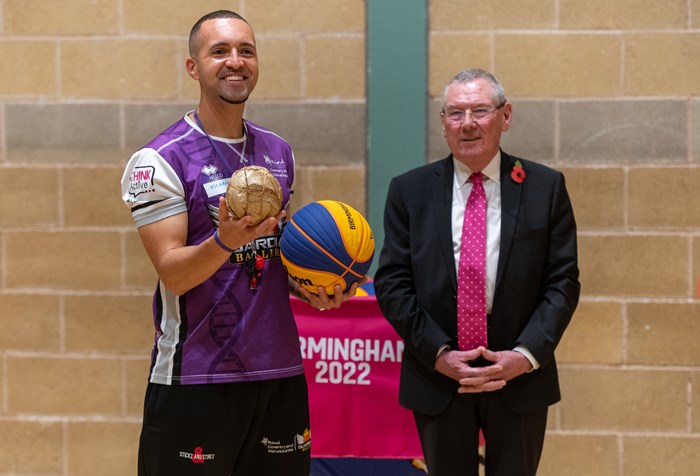 Kieran Joseph, founder and CEO of Guardian Ballers (left), speaks at equipment giveaway event in Coventry alongside Deputy Mayor, Cllr Bob Sleigh (right).