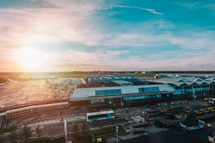 Ariel image Birmingham airport with sun setting in the background