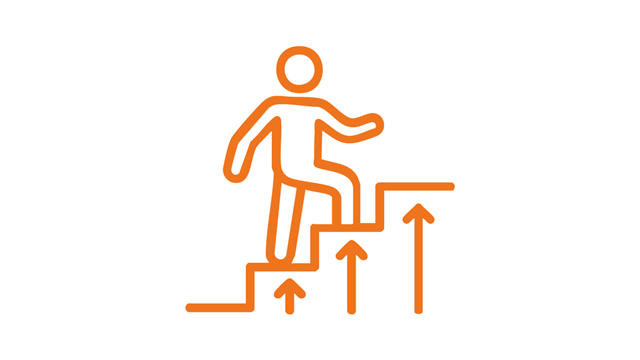 An image of a person walking up stairs. Each step contains an arrow indicating the person is growing with each step. (Path icons created by Prosymbols Premium - Flaticon)