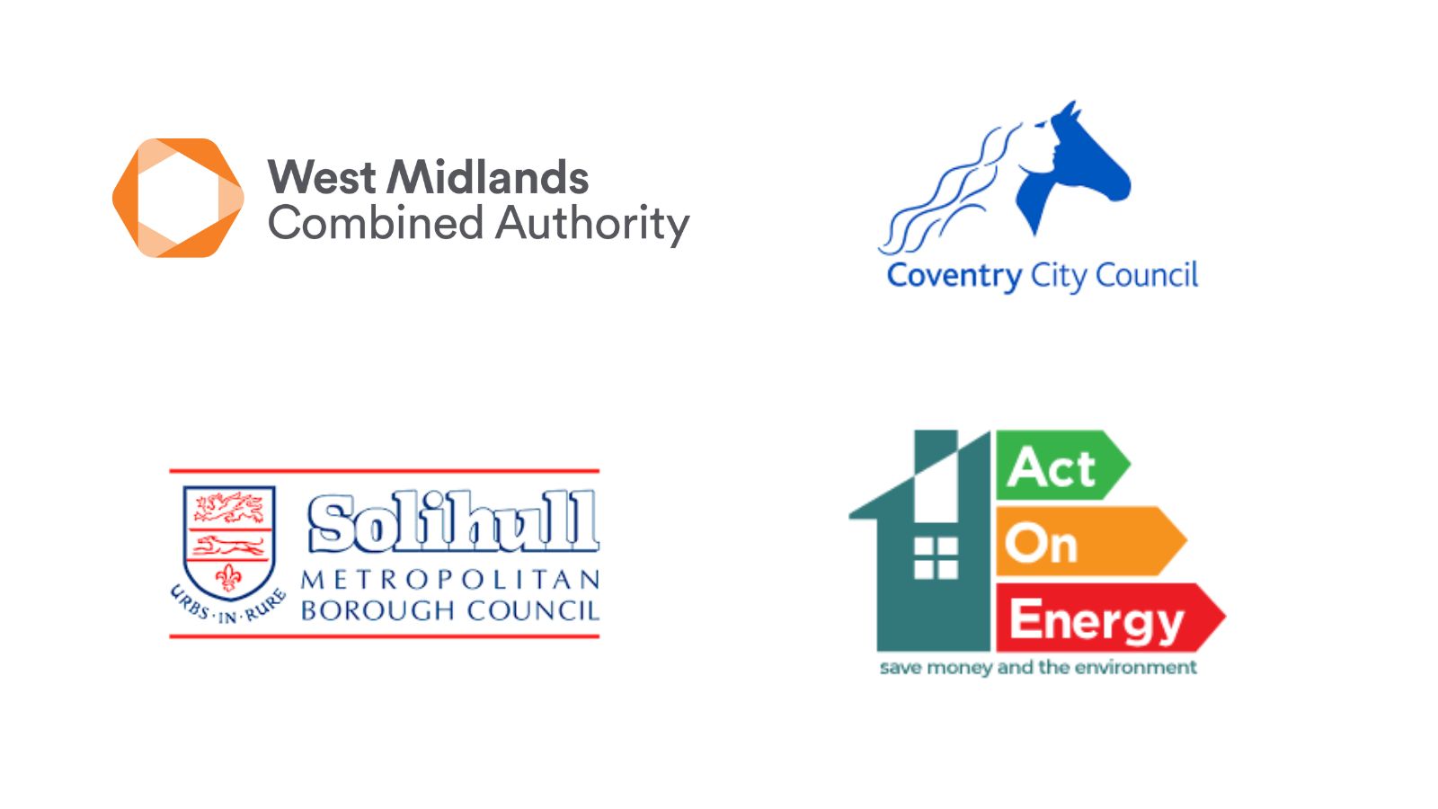 The graphic shows the logos of West Midlands Combined Authority, Coventry City Council, Solihull Council and the Act on Energy campaign