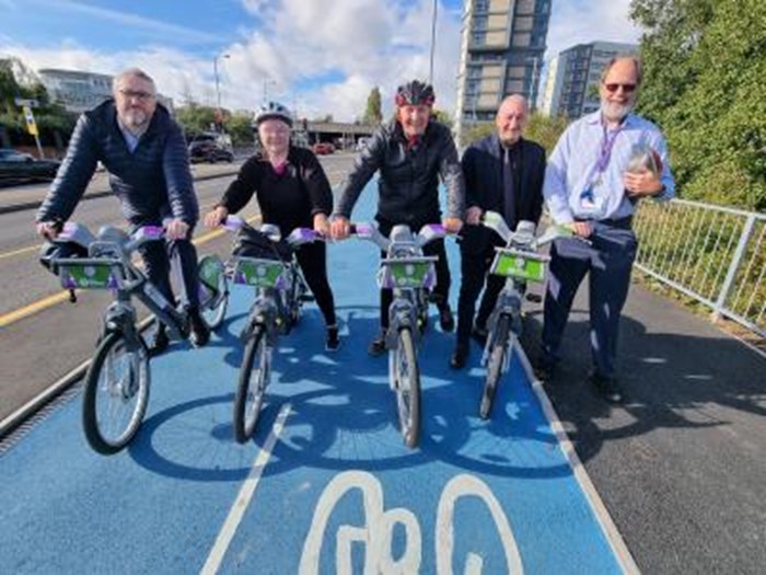Launching the new cycle route are (from left) Adam Tranter, West Midlands Cycling and Walking Commissioner, Cllr Lynne Moran, chair of Wolverhampton Cycle Forum, Commonwealth Games gold medallist and city Cycling Ambassador Hugh Porter MBE, Cllr Steve Evans, City of Wolverhampton Council’s cabinet member for city environment and climate change and Tim Philpot, professional lead - transport strategy at the council