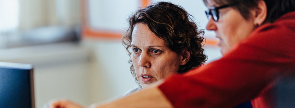 Two office workers looking at screen