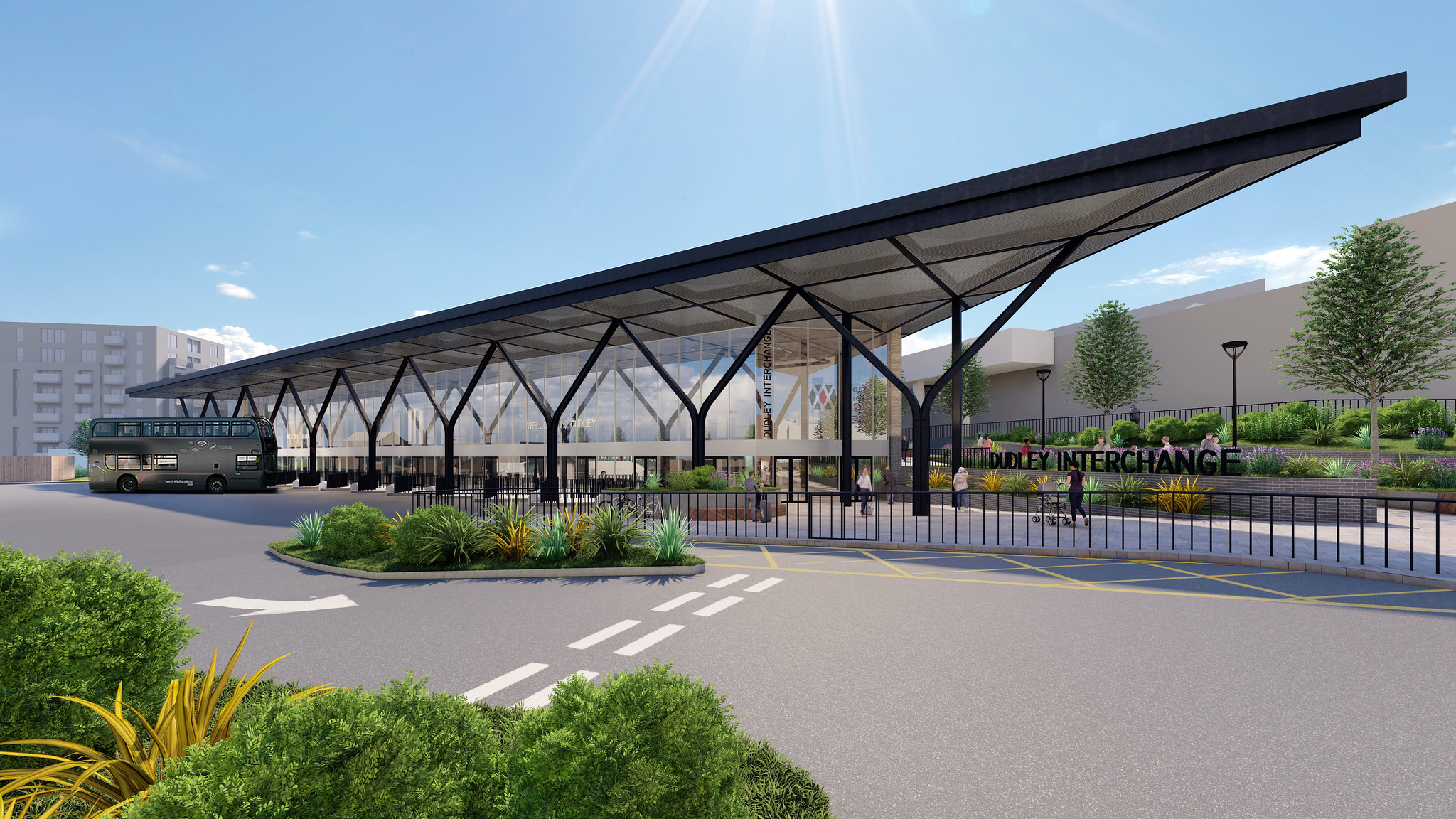 Design image of Dudley Interchange showing large canopy with bus parked outside
